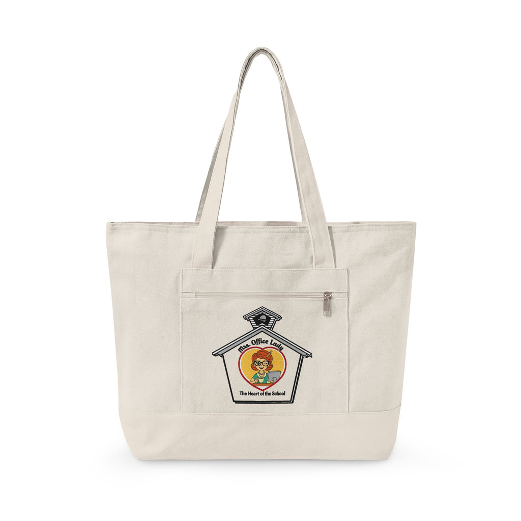 Canvas Tote Bag — Heart & Apple Embroidered Zippered Tote for Teachers and Everyday Use